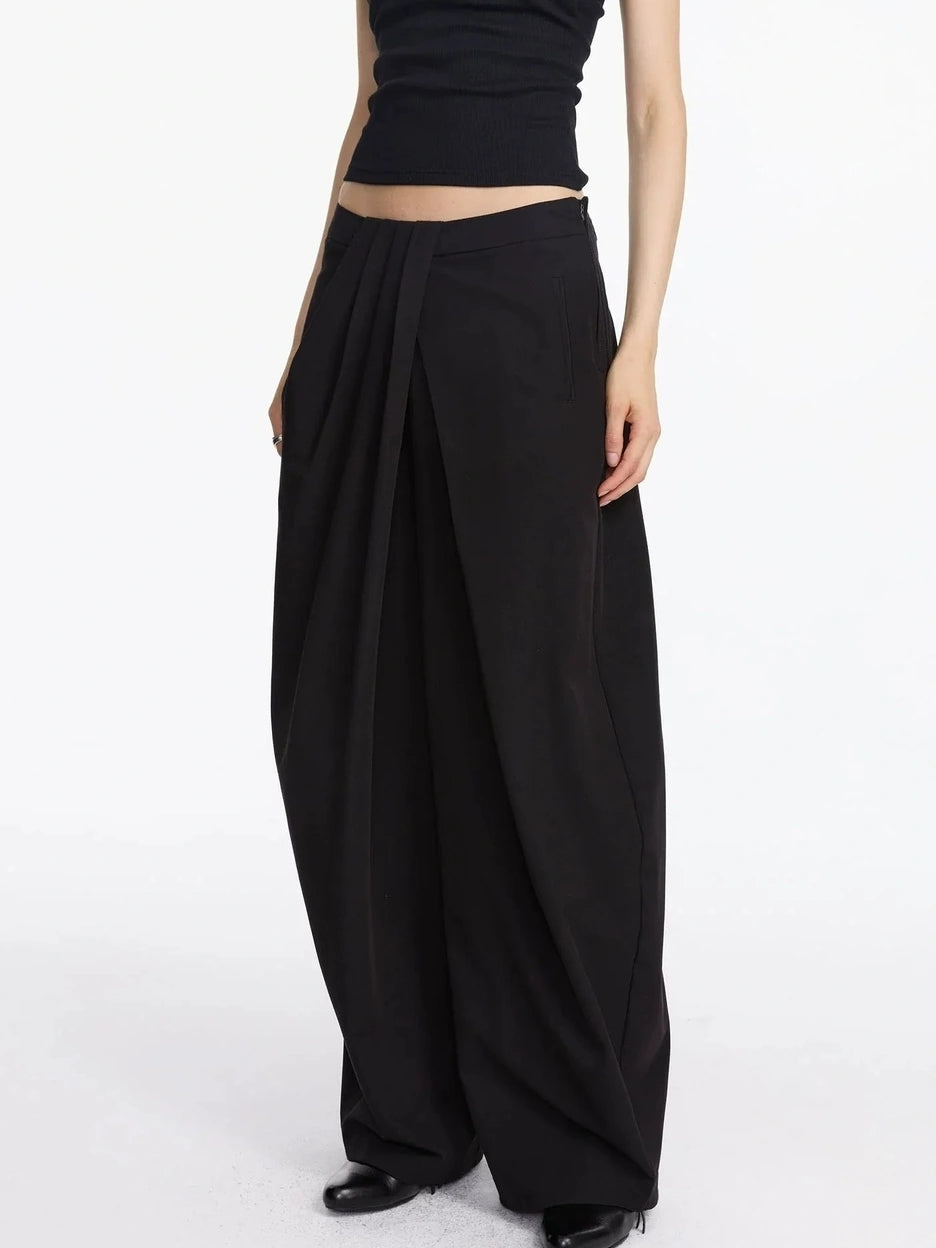LYUOCHENG Pleated Wide Leg Trousers With Asymmetric Waist
