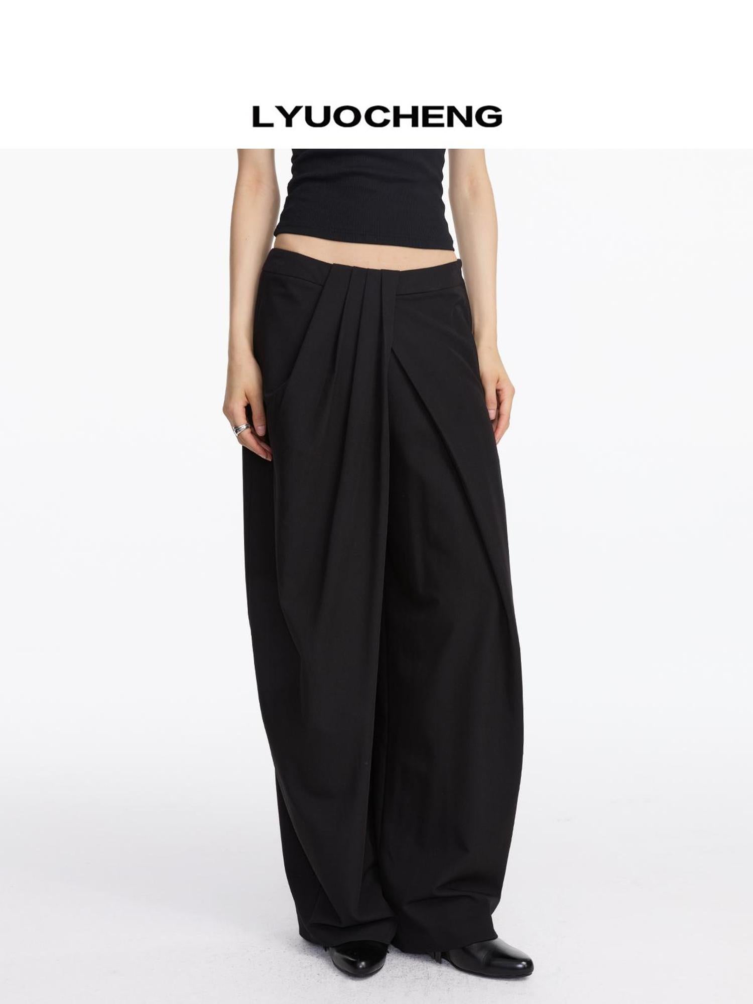 LYUOCHENG Pleated Wide Leg Trousers With Asymmetric Waist