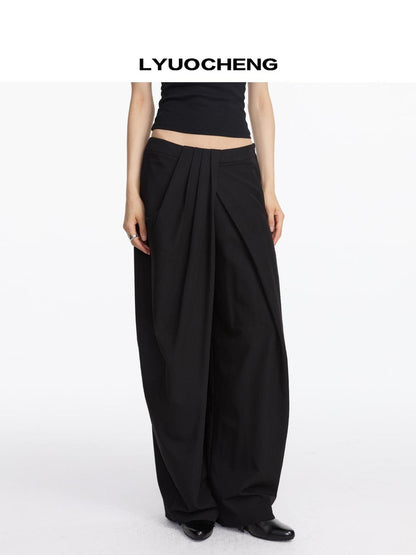LYUOCHENG Pleated Wide Leg Trousers With Asymmetric Waist