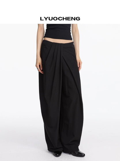 LYUOCHENG Pleated Wide Leg Trousers With Asymmetric Waist