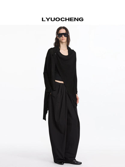 LYUOCHENG Pleated Wide Leg Trousers With Asymmetric Waist