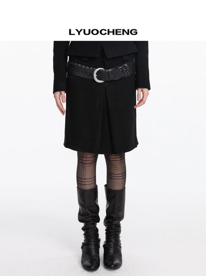 LYUOCHENG Pleated Wool Blend Midi Skirt