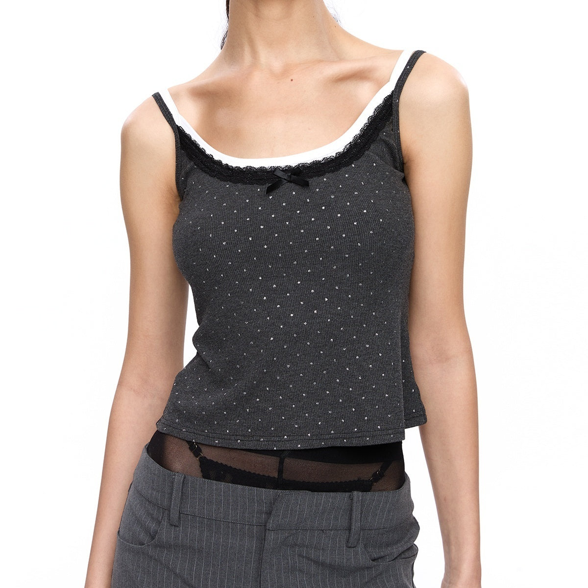 LYUOCHENG_Polka_Dot_Double_Layer_Lace_Low_Neck_Slim_Fit_Women&