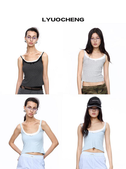 LYUOCHENG Polka Dot Double Layer Lace Low Neck Slim Fit Women&