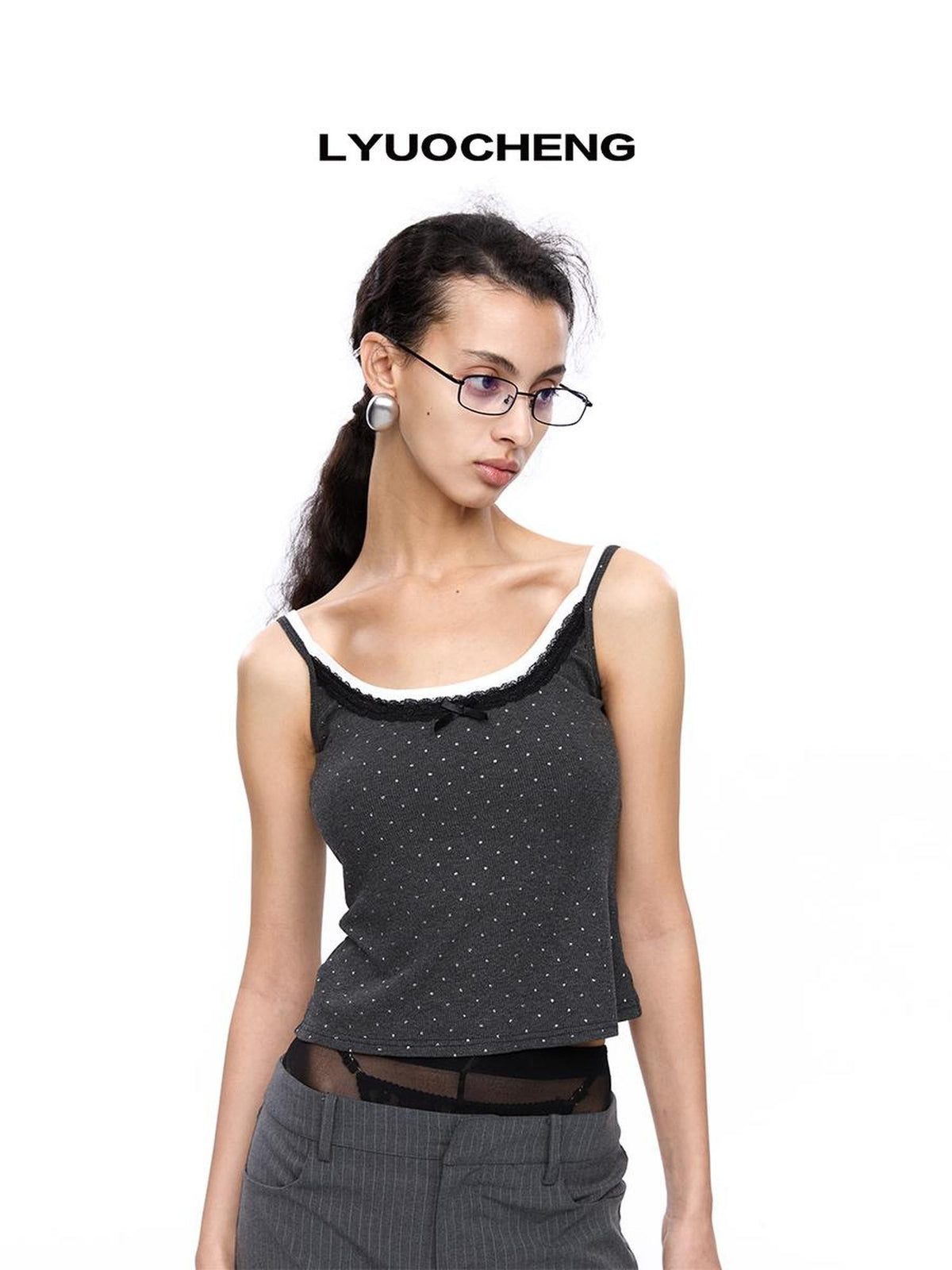 LYUOCHENG Polka Dot Double Layer Lace Low Neck Slim Fit Women&