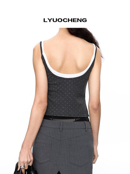 LYUOCHENG Polka Dot Double Layer Lace Low Neck Slim Fit Women&