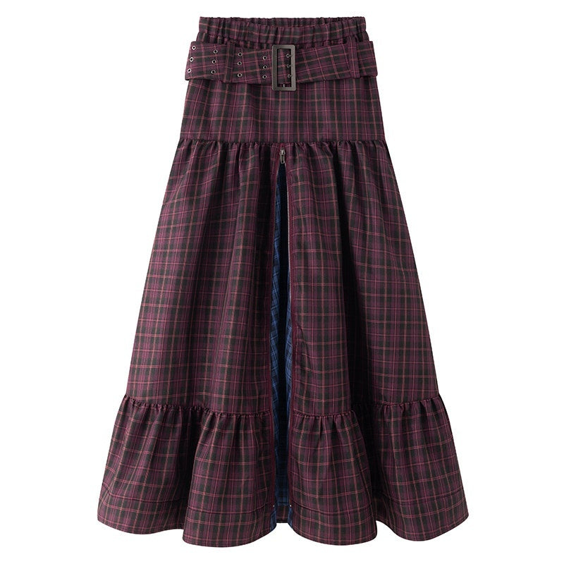 LYUOCHENG_Purple_Plaid_Low_Waist_Patchwork_Zip_Tulip_Hem_Women&