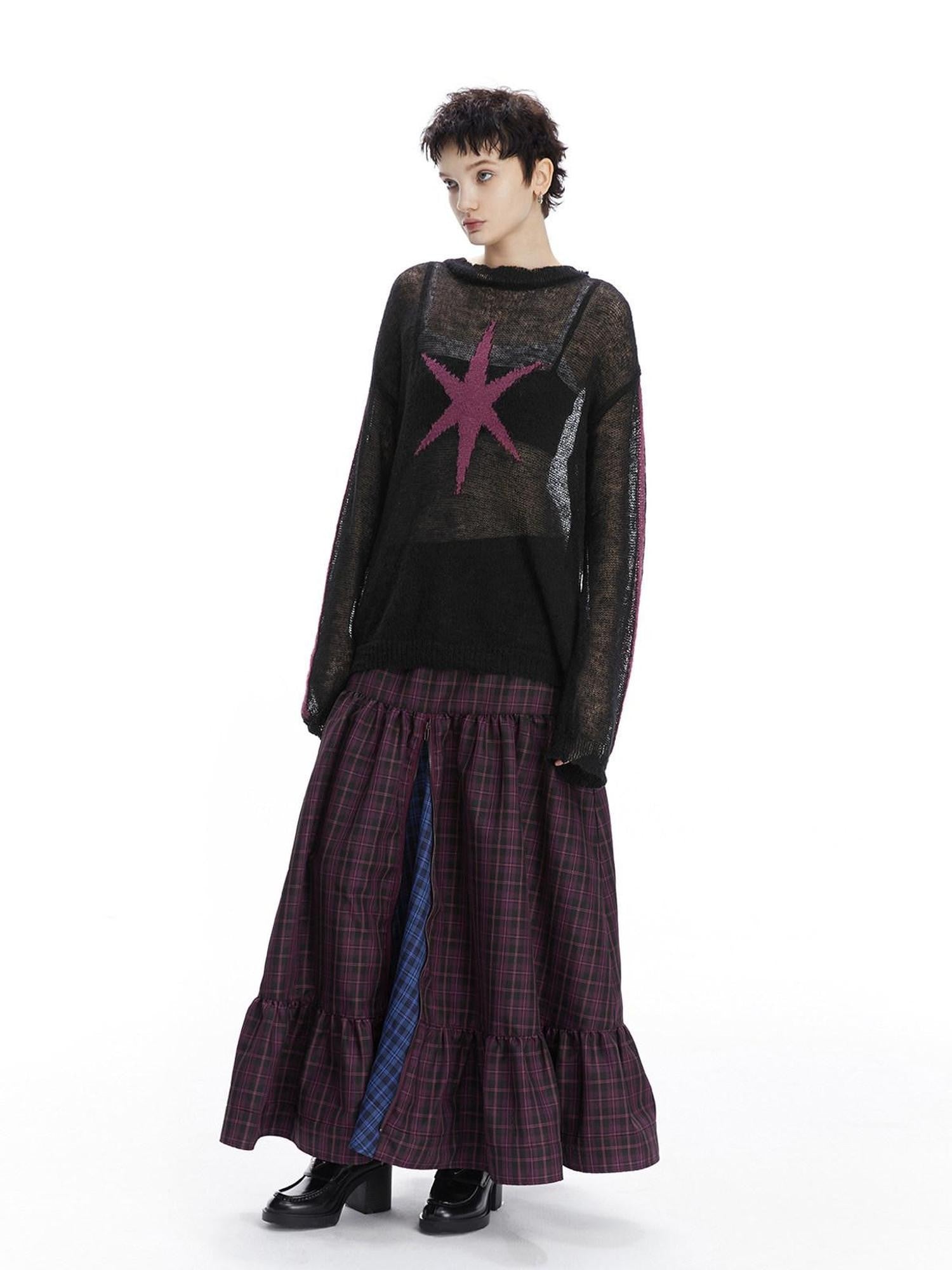 LYUOCHENG Purple Plaid Low Waist Patchwork Zip Tulip Hem Women&