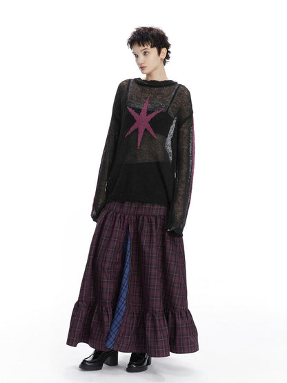 LYUOCHENG Purple Plaid Low Waist Patchwork Zip Tulip Hem Women&