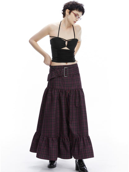 LYUOCHENG Purple Plaid Low Waist Patchwork Zip Tulip Hem Women&