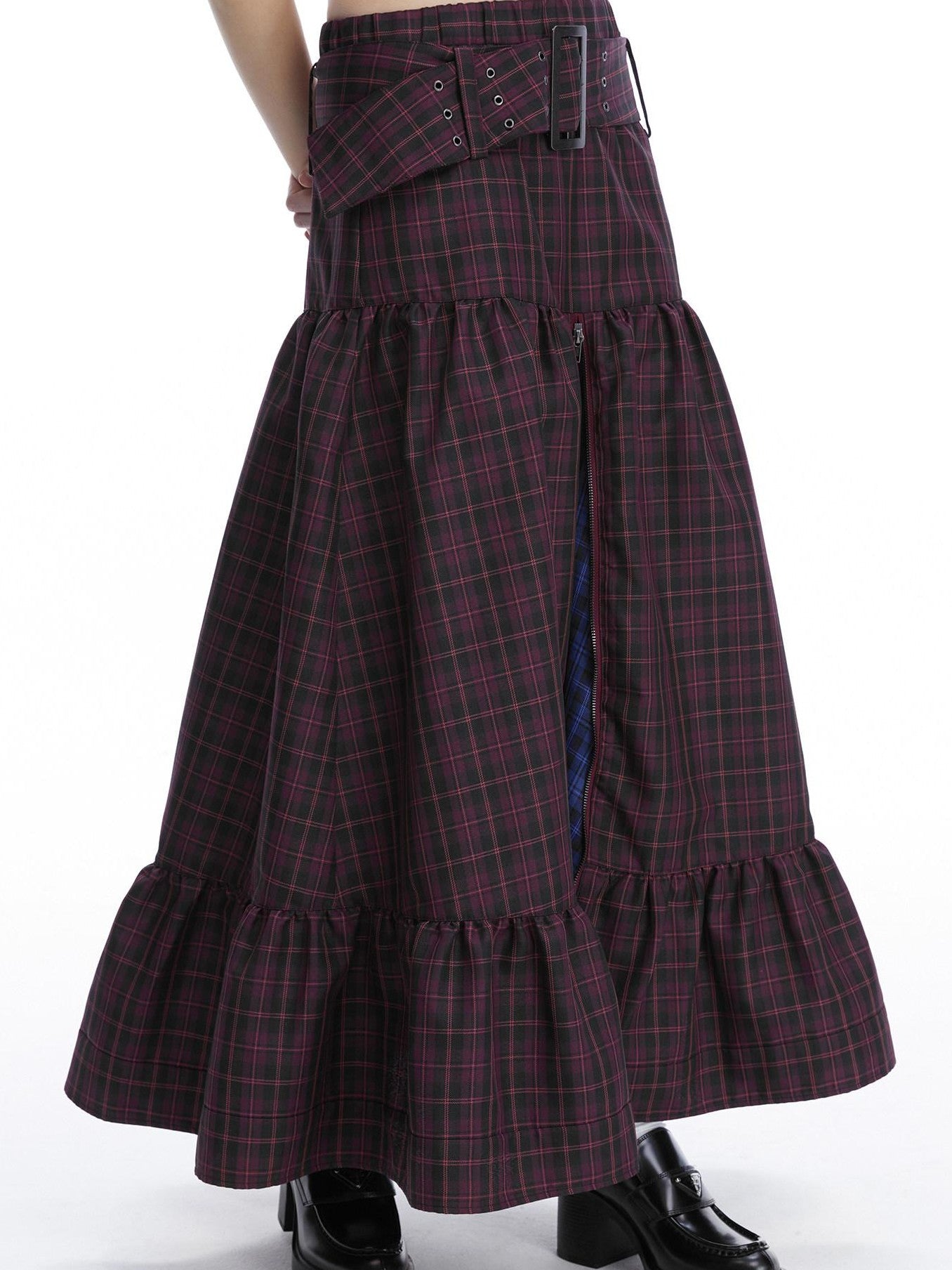 LYUOCHENG Purple Plaid Low Waist Patchwork Zip Tulip Hem Women&