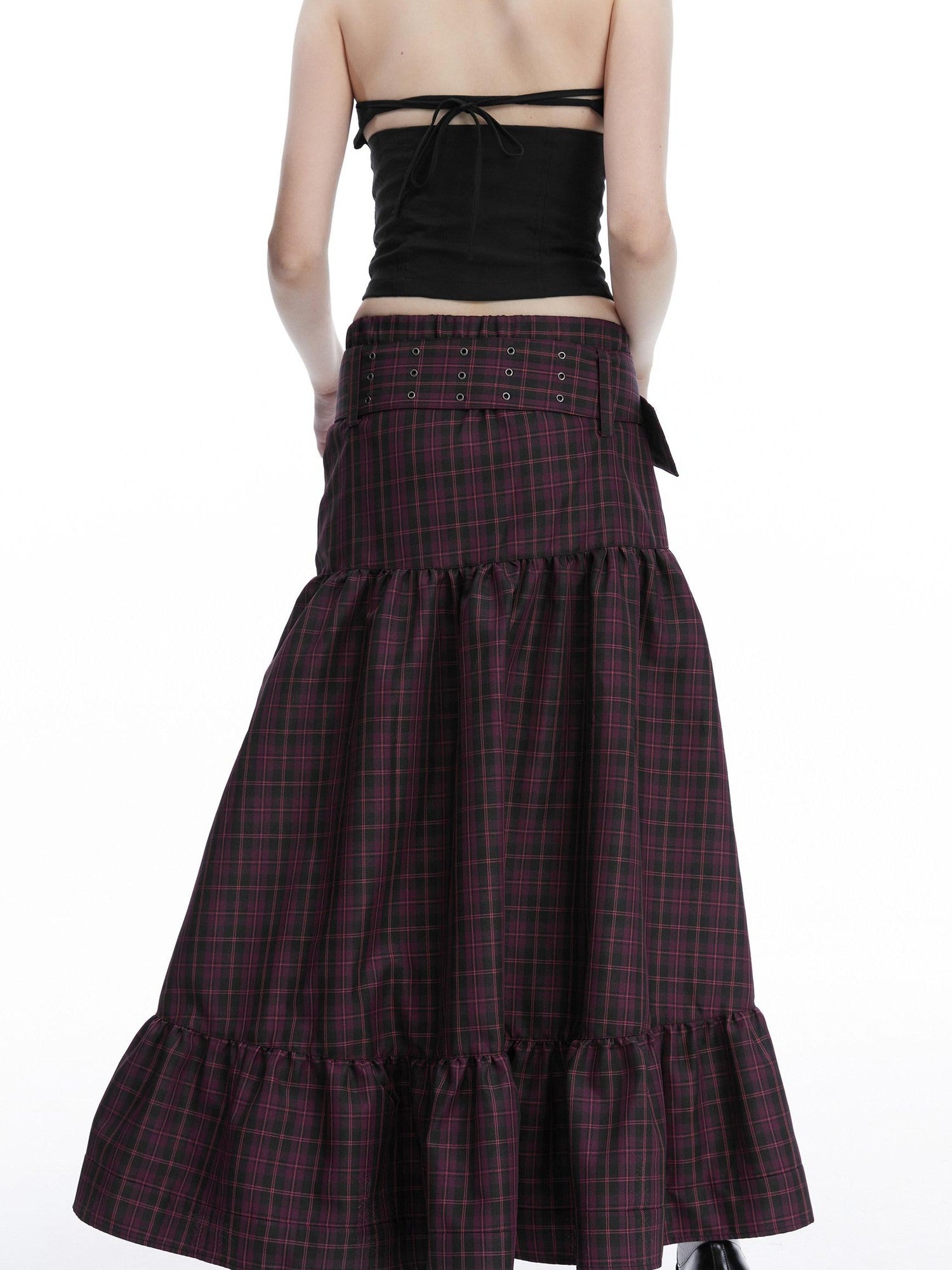 LYUOCHENG Purple Plaid Low Waist Patchwork Zip Tulip Hem Women&