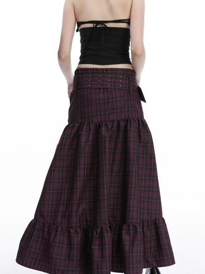 LYUOCHENG Purple Plaid Low Waist Patchwork Zip Tulip Hem Women&