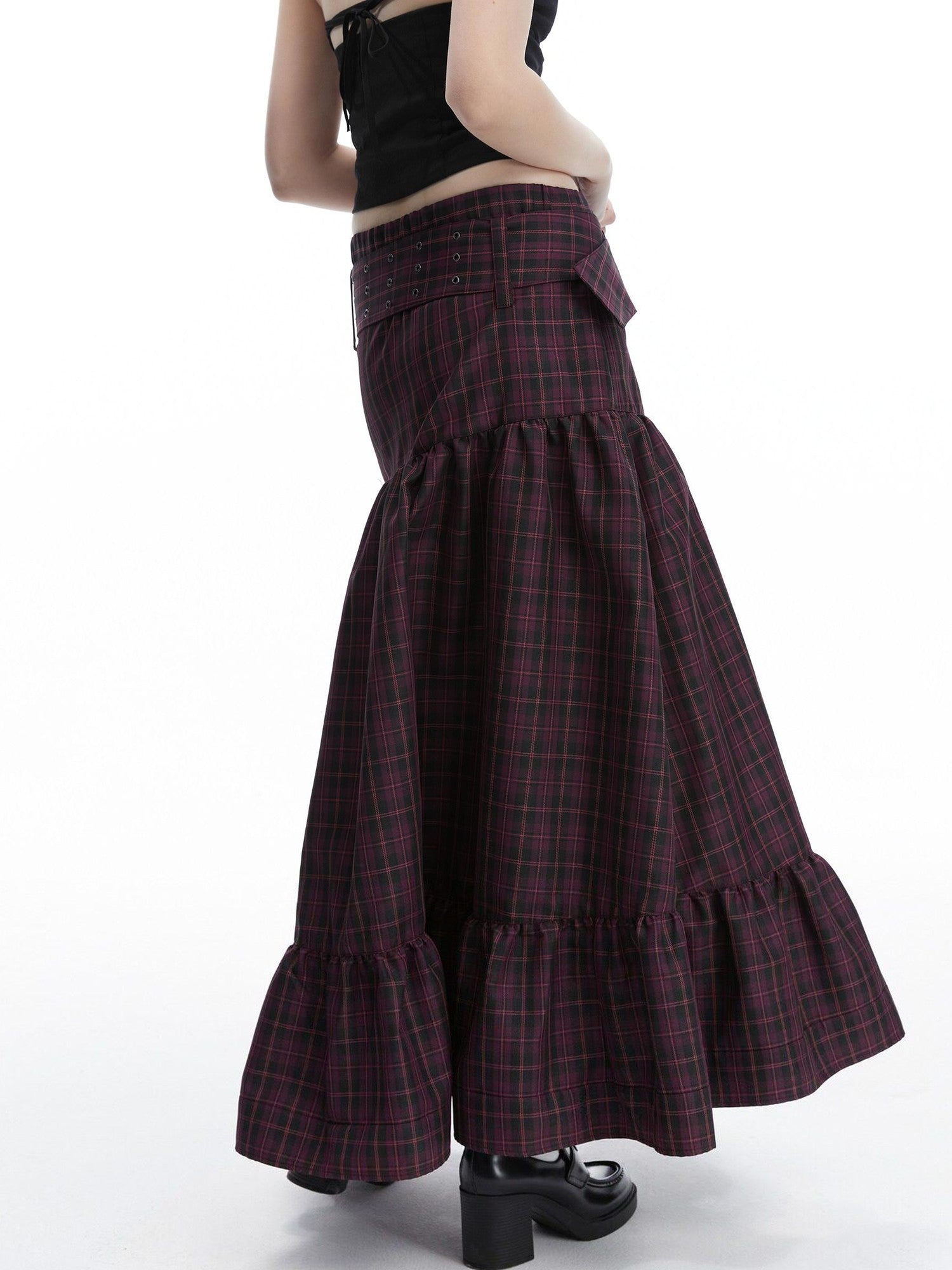 LYUOCHENG Purple Plaid Low Waist Patchwork Zip Tulip Hem Women&