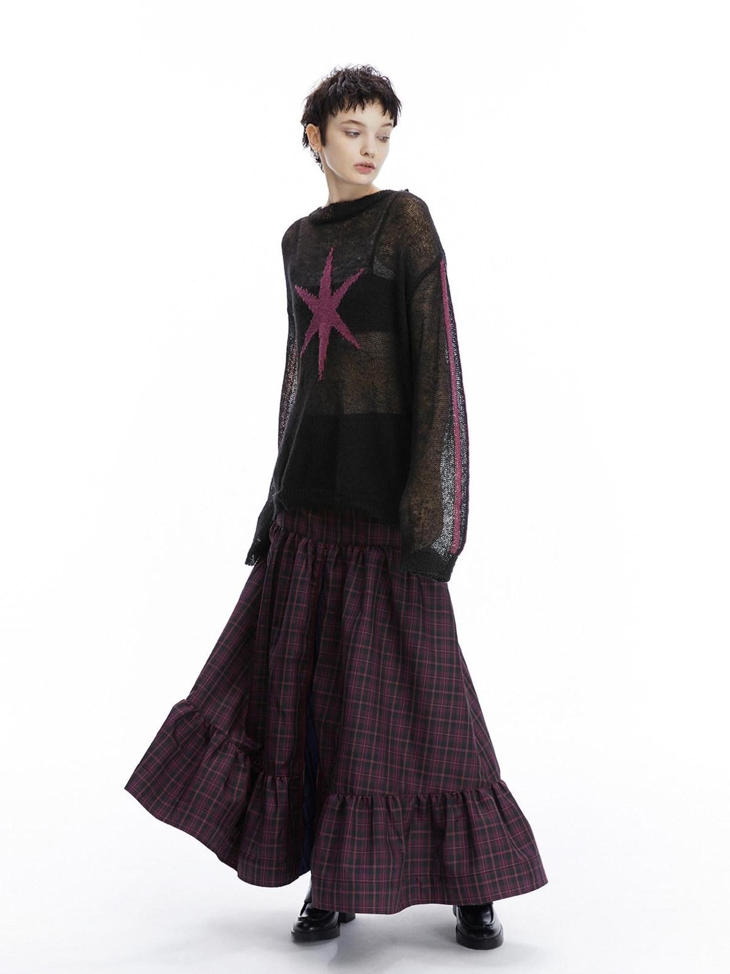 LYUOCHENG Purple Plaid Low Waist Patchwork Zip Tulip Hem Women&