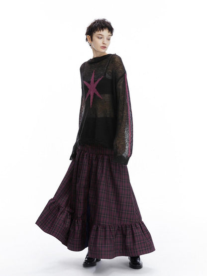 LYUOCHENG Purple Plaid Low Waist Patchwork Zip Tulip Hem Women&