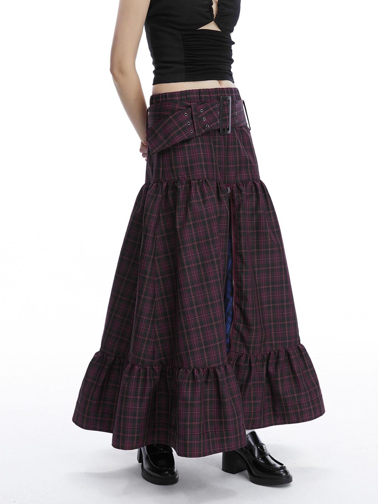 LYUOCHENG Purple Plaid Low Waist Patchwork Zip Tulip Hem Women&