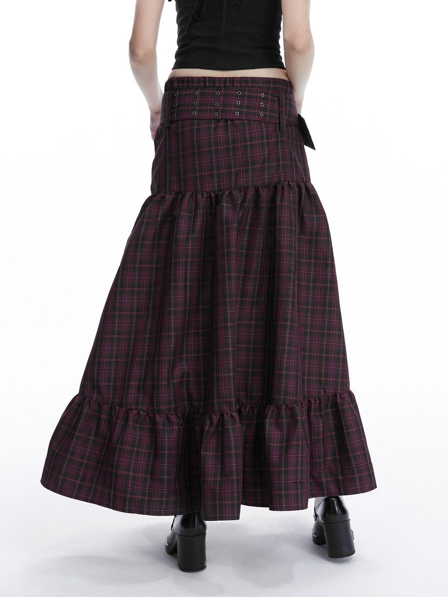 LYUOCHENG Purple Plaid Low Waist Patchwork Zip Tulip Hem Women&
