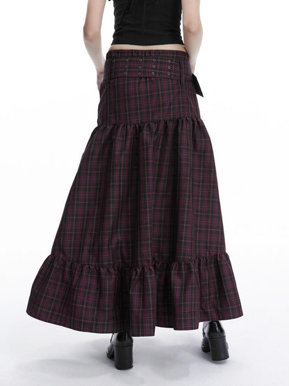 LYUOCHENG Purple Plaid Low Waist Patchwork Zip Tulip Hem Women&