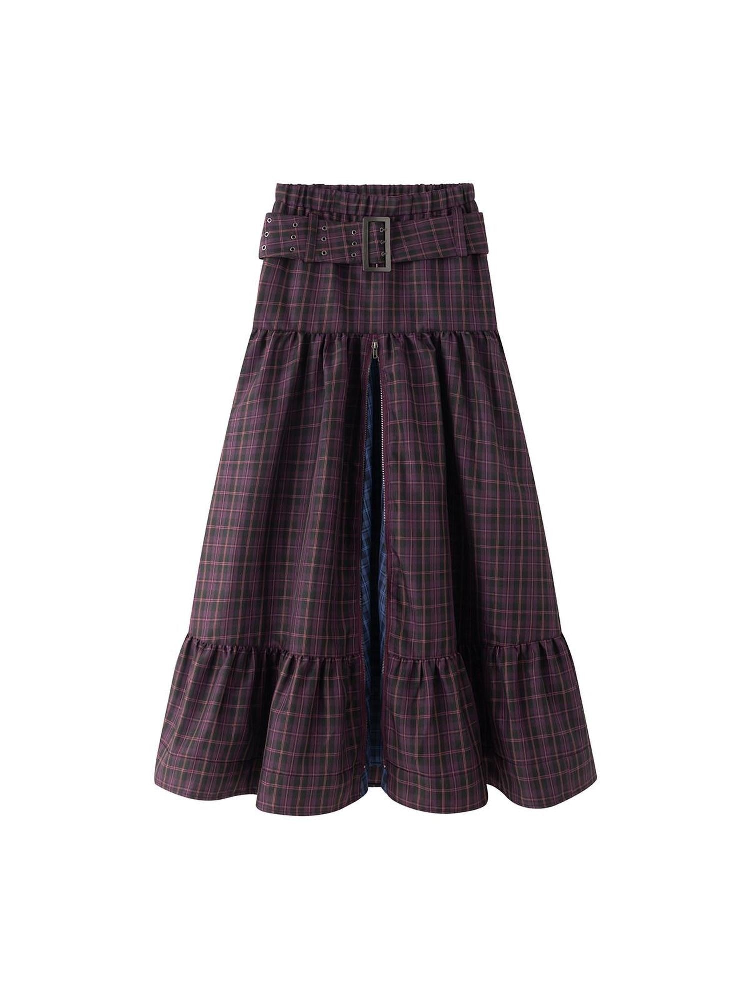 LYUOCHENG Purple Plaid Low Waist Patchwork Zip Tulip Hem Women&