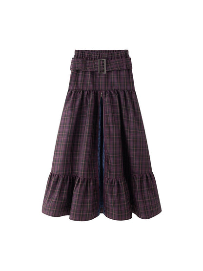 LYUOCHENG Purple Plaid Low Waist Patchwork Zip Tulip Hem Women&