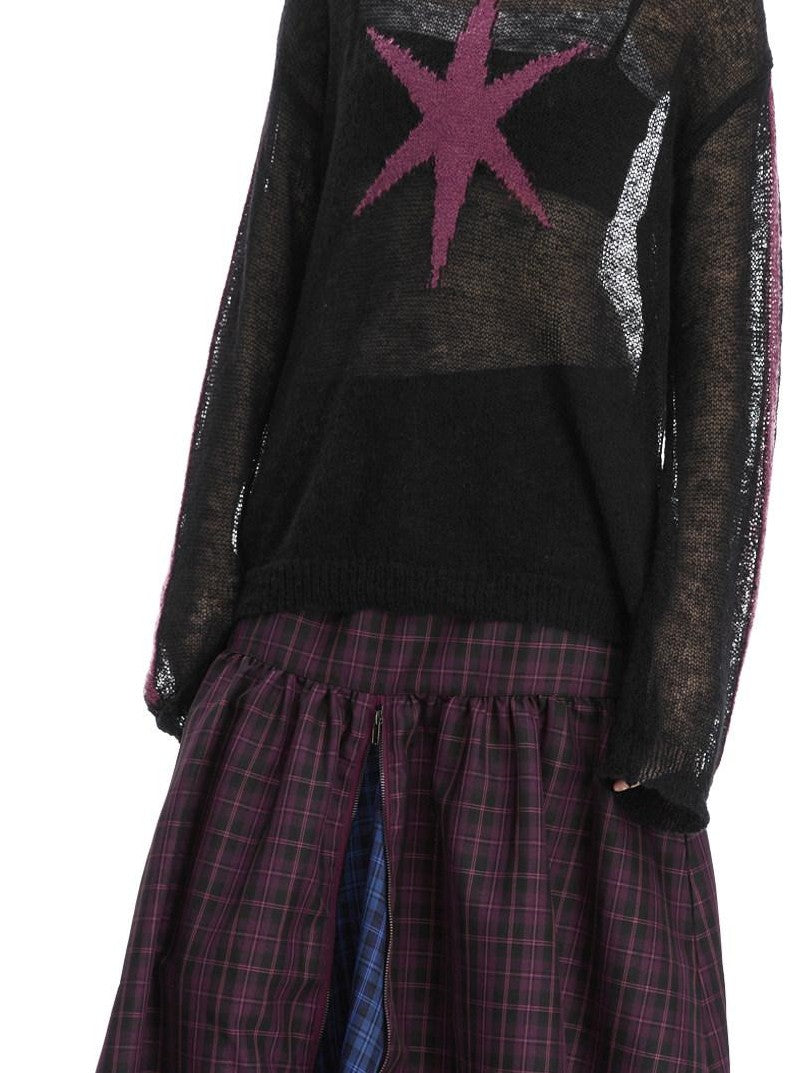 LYUOCHENG Purple Plaid Low Waist Patchwork Zip Tulip Hem Women&