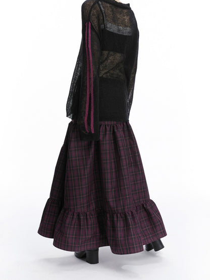 LYUOCHENG Purple Plaid Low Waist Patchwork Zip Tulip Hem Women&