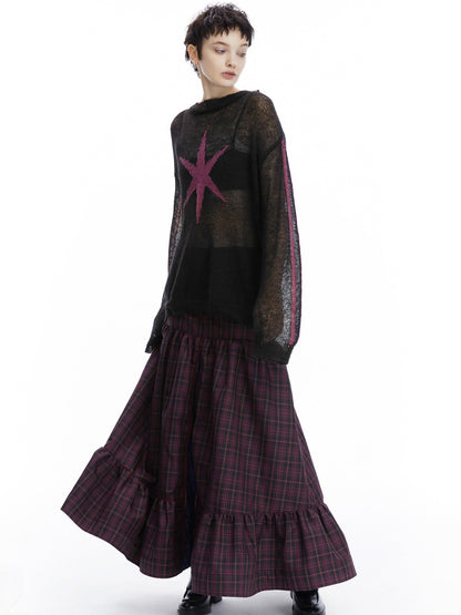 LYUOCHENG Purple Plaid Low Waist Patchwork Zip Tulip Hem Women&