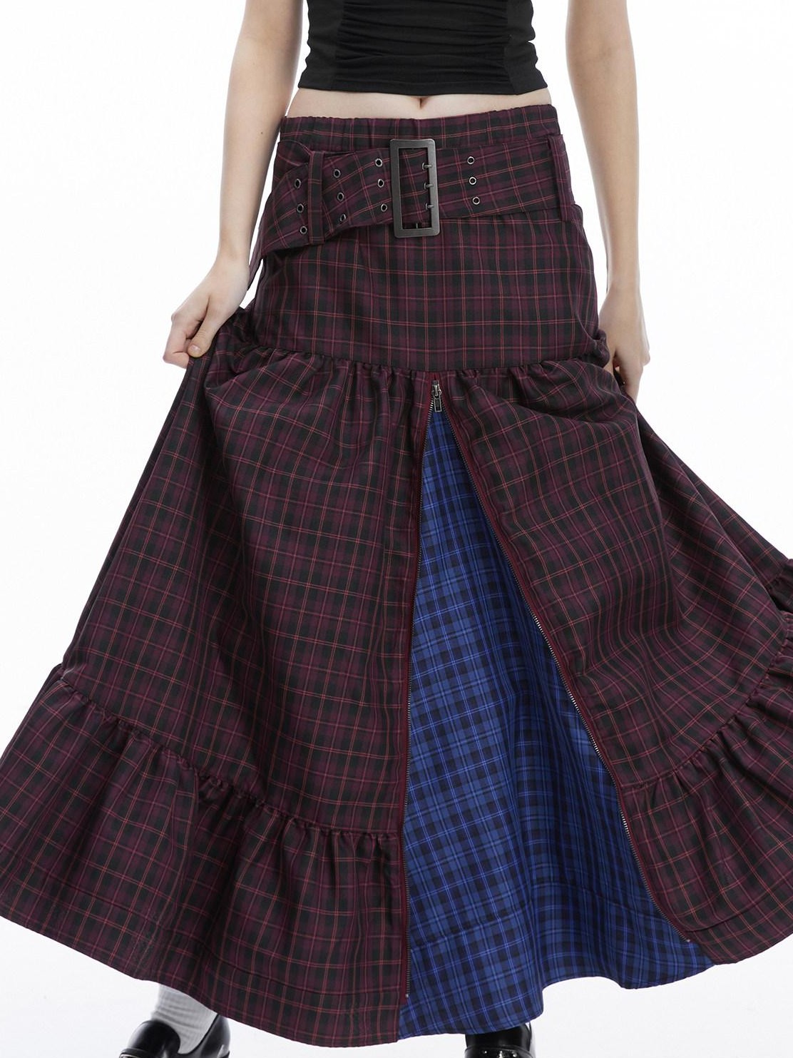 LYUOCHENG Purple Plaid Low Waist Patchwork Zip Tulip Hem Women&