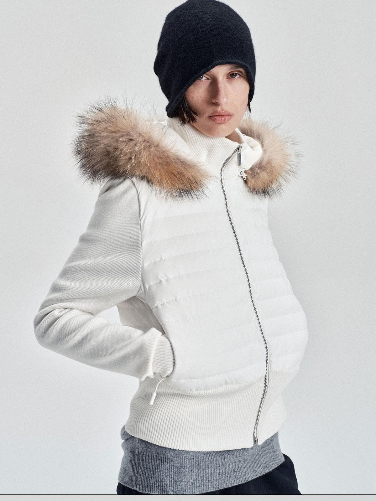 LYUOCHENG Quilted Detachable Fur Trim Slim Fit Women&