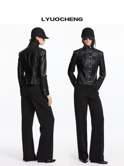 LYUOCHENG Quilted Faux Leather Jacket With Ribbed Cuffs