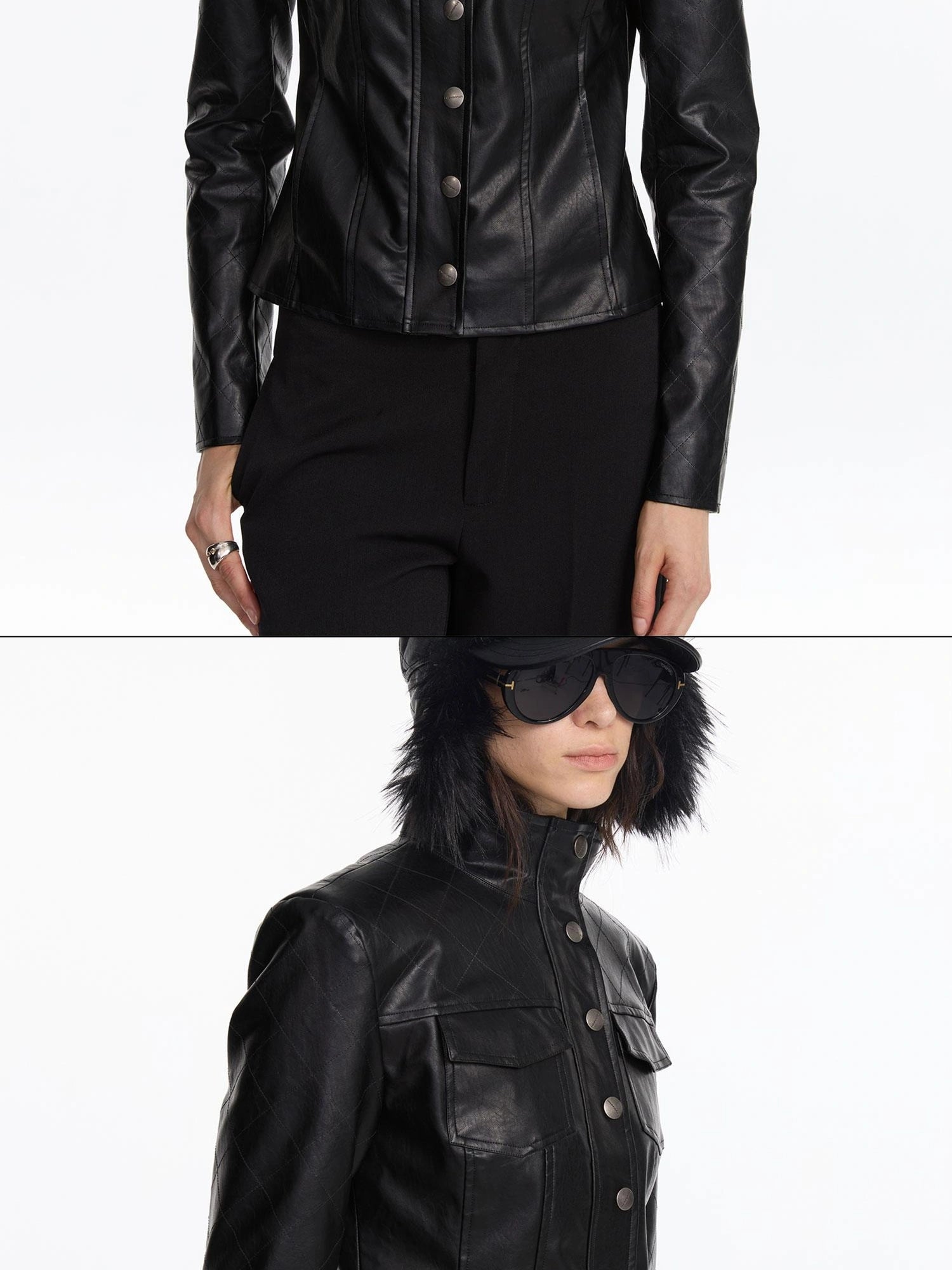 LYUOCHENG Quilted Faux Leather Jacket With Ribbed Cuffs