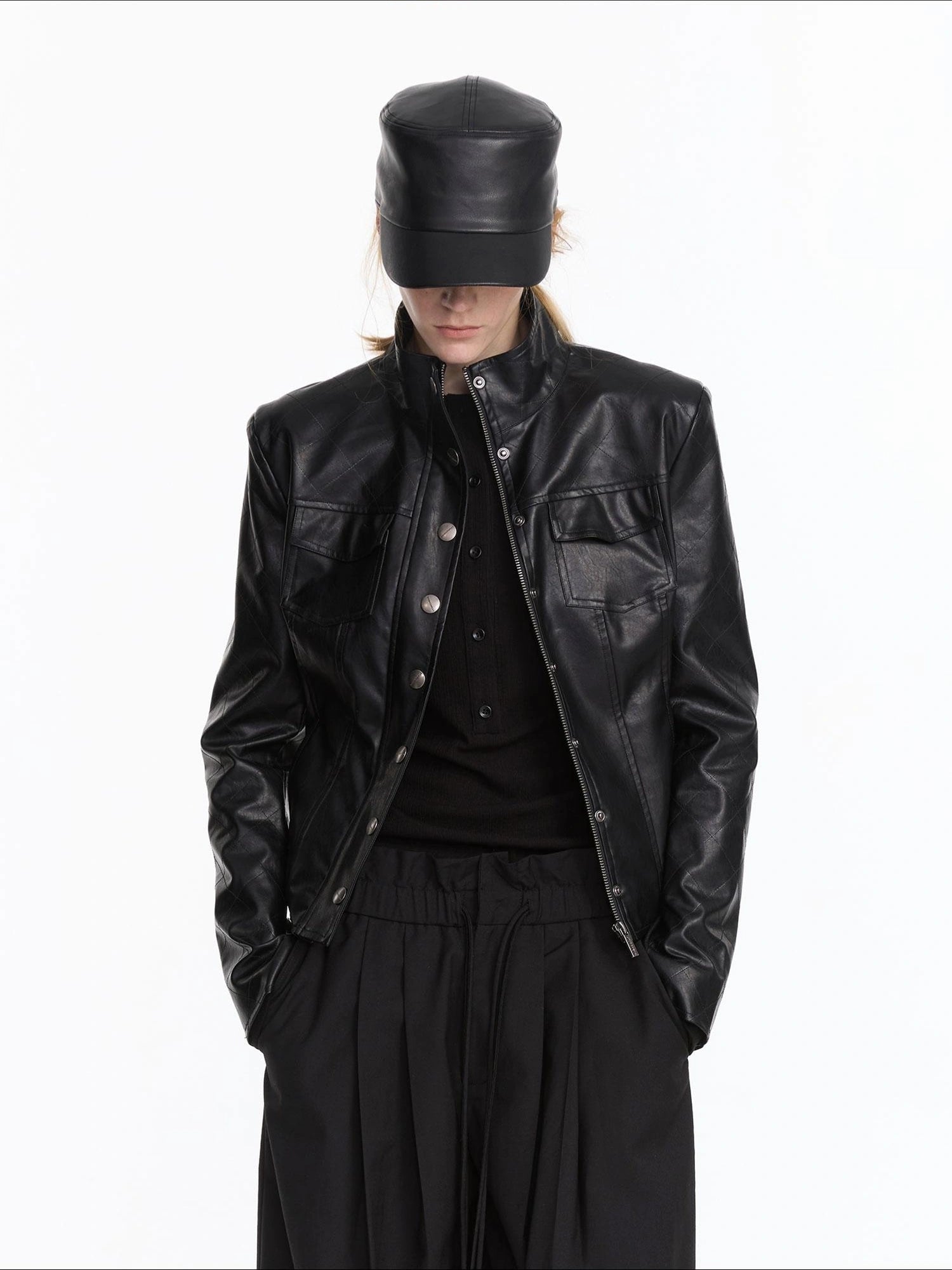 LYUOCHENG Quilted Faux Leather Jacket With Ribbed Cuffs