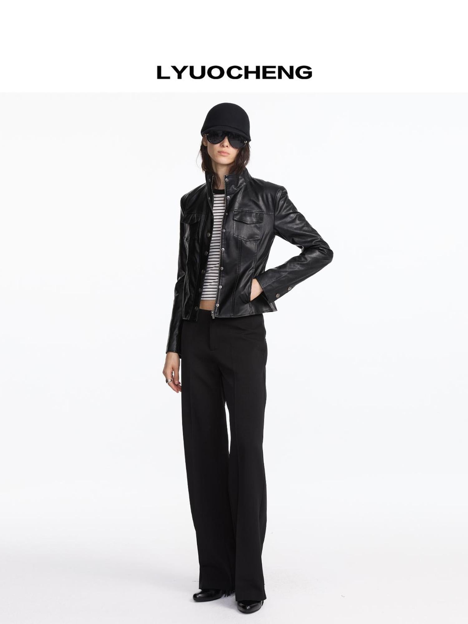 LYUOCHENG Quilted Faux Leather Jacket With Ribbed Cuffs