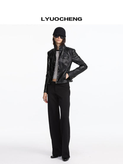 LYUOCHENG Quilted Faux Leather Jacket With Ribbed Cuffs