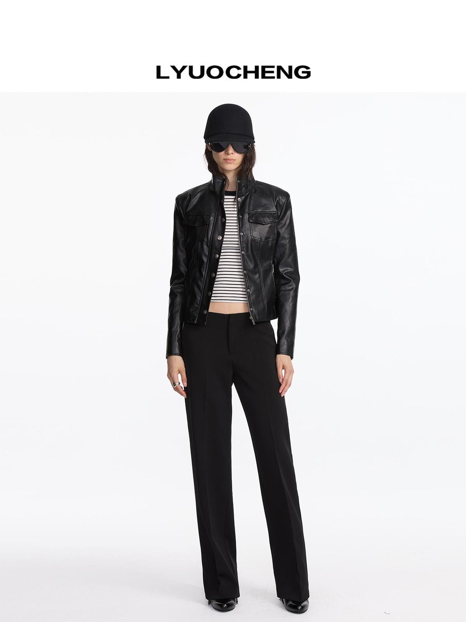 LYUOCHENG Quilted Faux Leather Jacket With Ribbed Cuffs