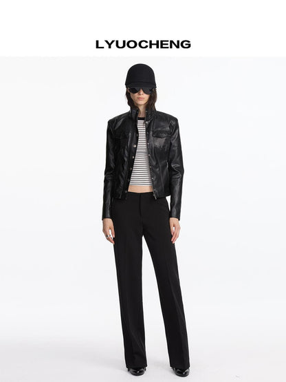 LYUOCHENG Quilted Faux Leather Jacket With Ribbed Cuffs