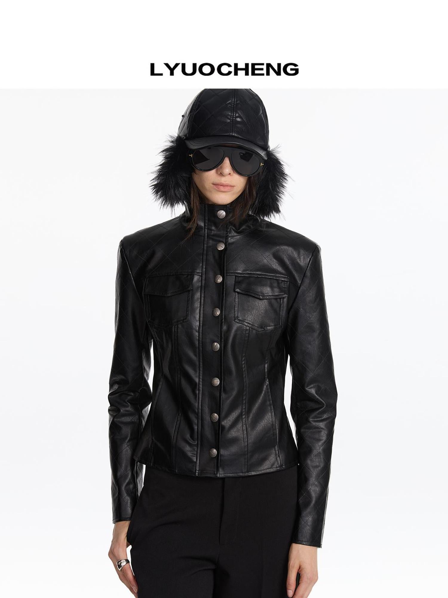 LYUOCHENG Quilted Faux Leather Jacket With Ribbed Cuffs
