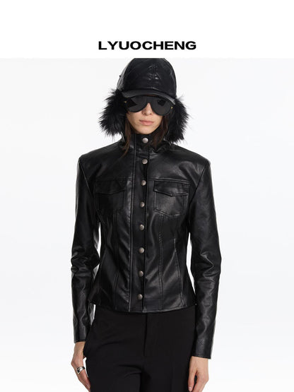 LYUOCHENG Quilted Faux Leather Jacket With Ribbed Cuffs