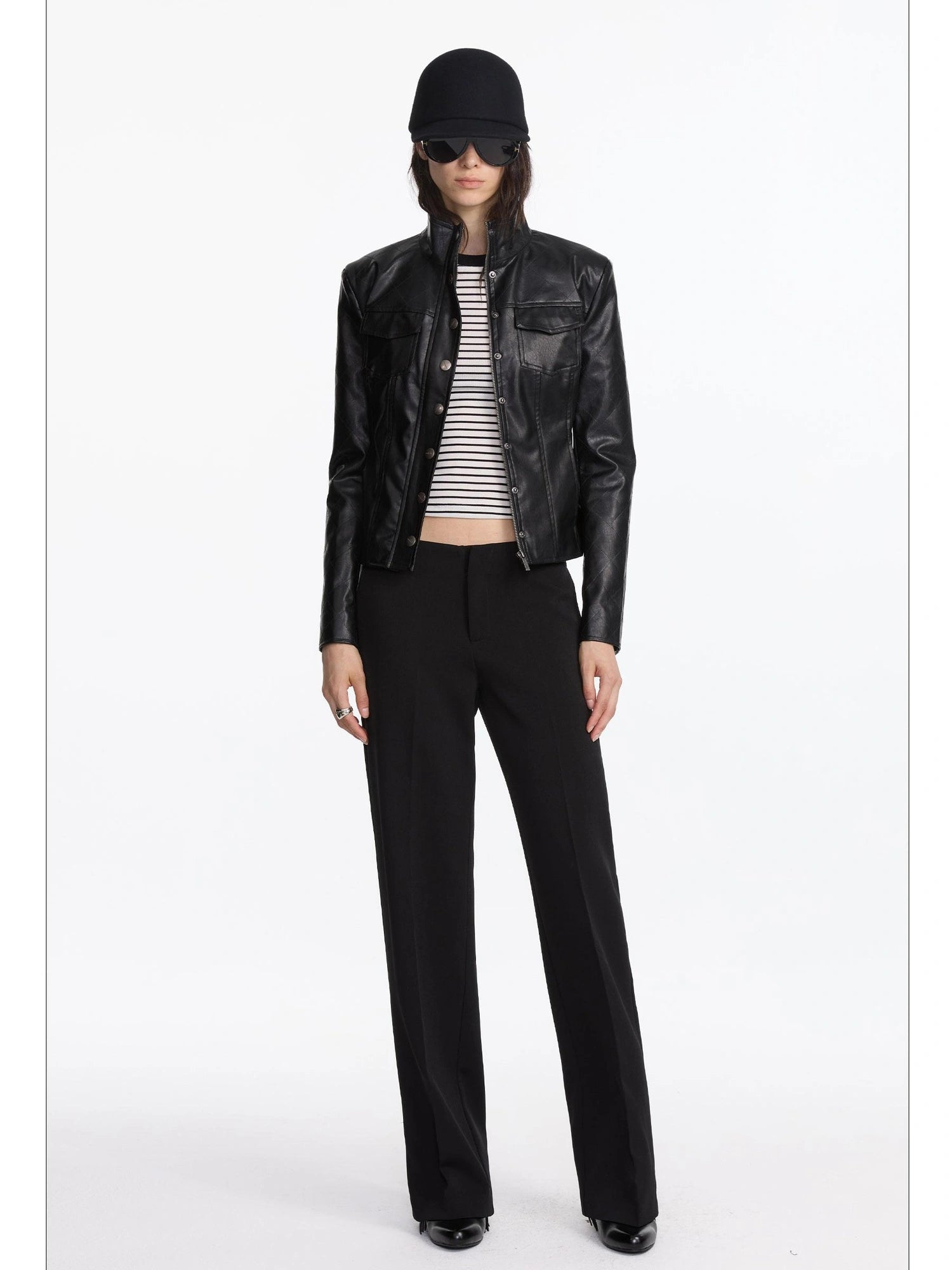 LYUOCHENG Quilted Faux Leather Jacket With Ribbed Cuffs