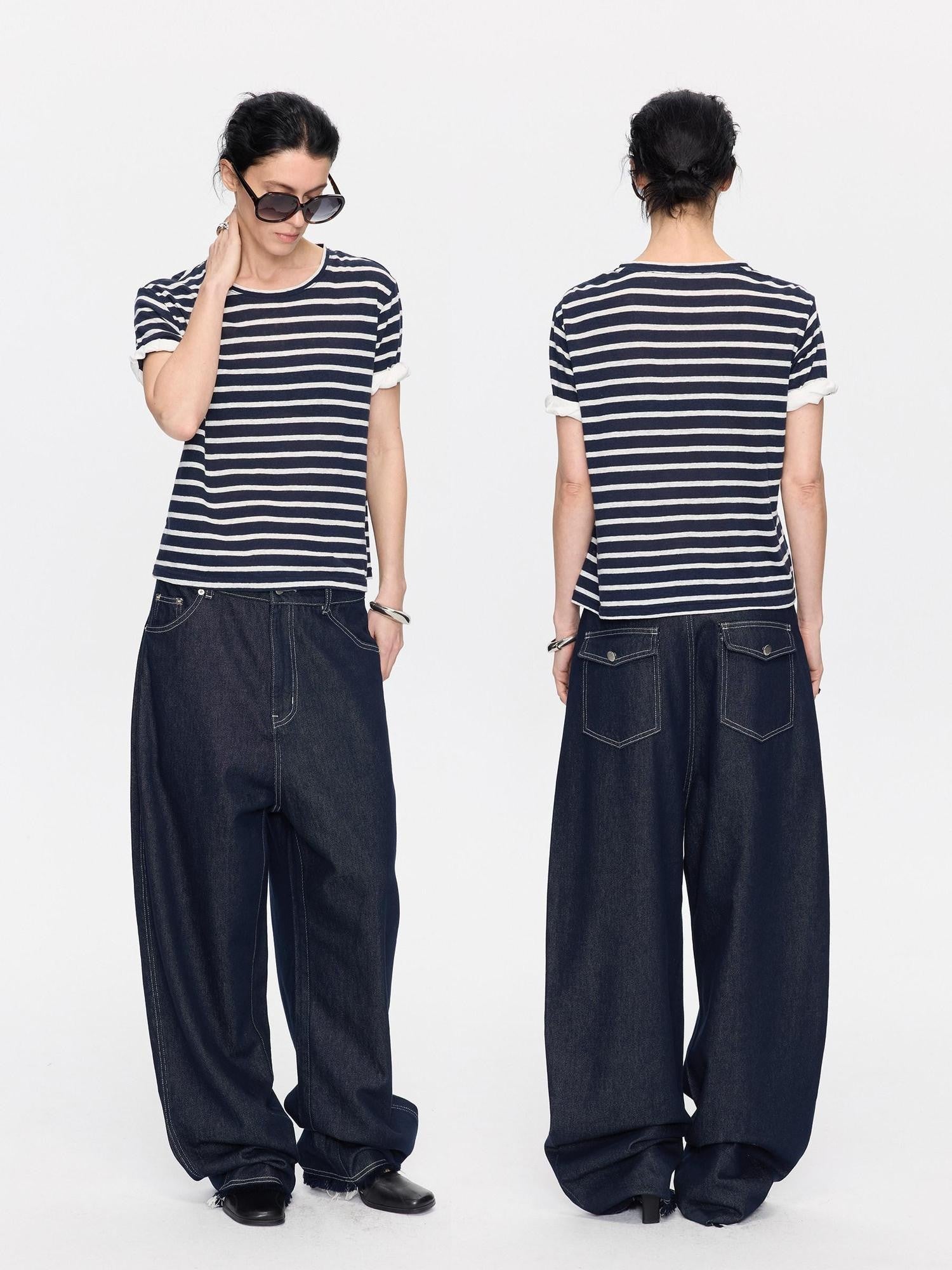 LYUOCHENG Raw Denim Frayed Hem Low Waist Loose Women&