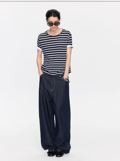 LYUOCHENG Raw Denim Frayed Hem Low Waist Loose Women&