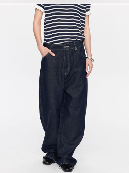 LYUOCHENG Raw Denim Frayed Hem Low Waist Loose Women&