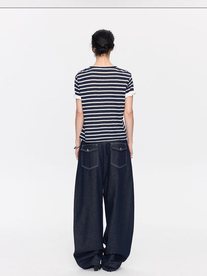 LYUOCHENG Raw Denim Frayed Hem Low Waist Loose Women&
