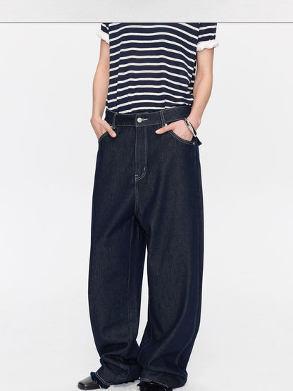 LYUOCHENG Raw Denim Frayed Hem Low Waist Loose Women&