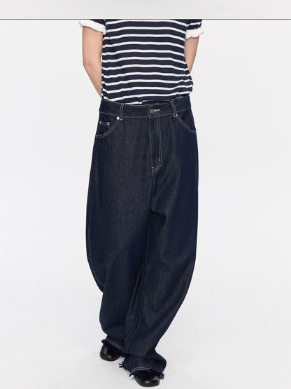 LYUOCHENG Raw Denim Frayed Hem Low Waist Loose Women&