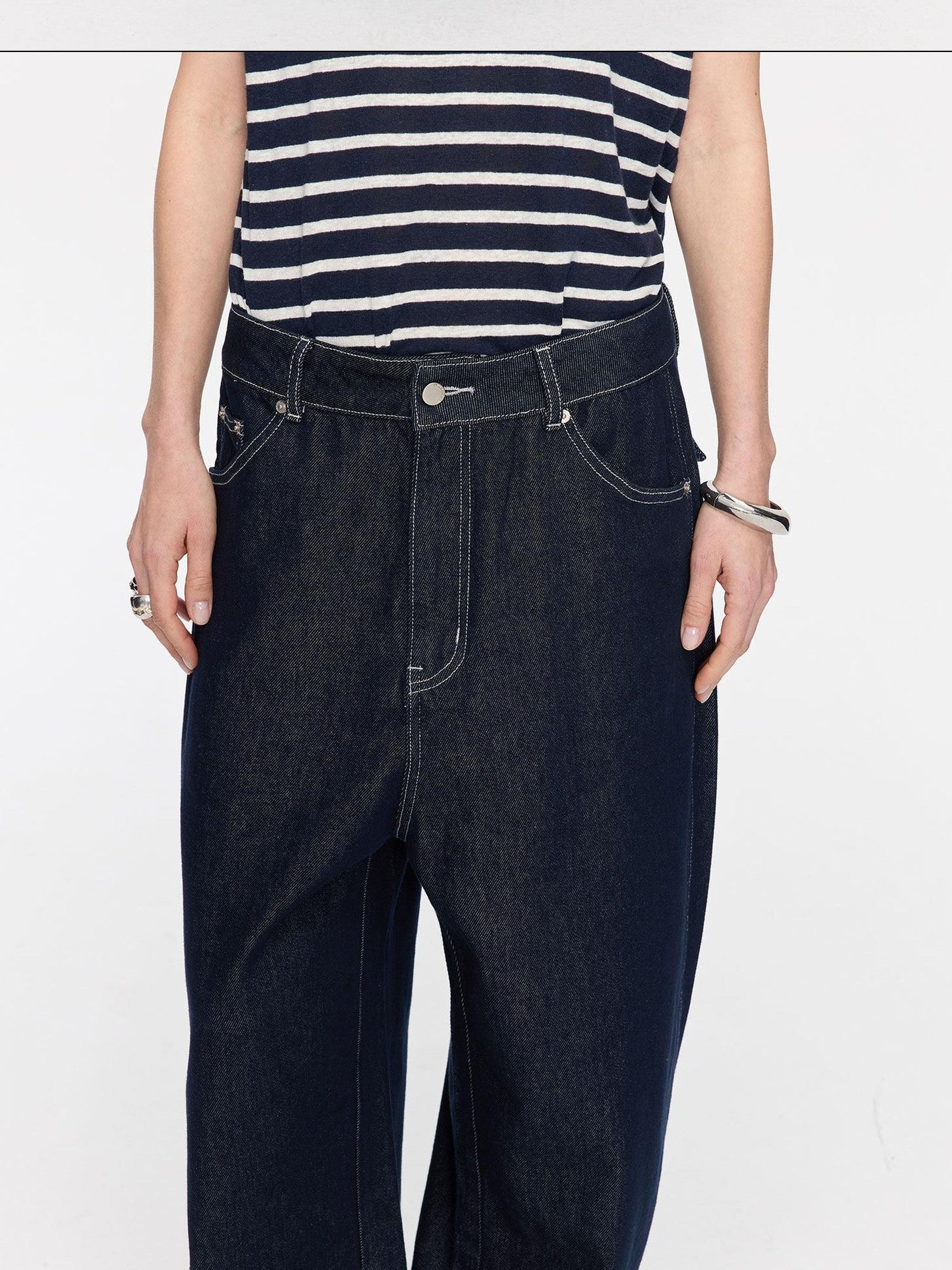 LYUOCHENG Raw Denim Frayed Hem Low Waist Loose Women&