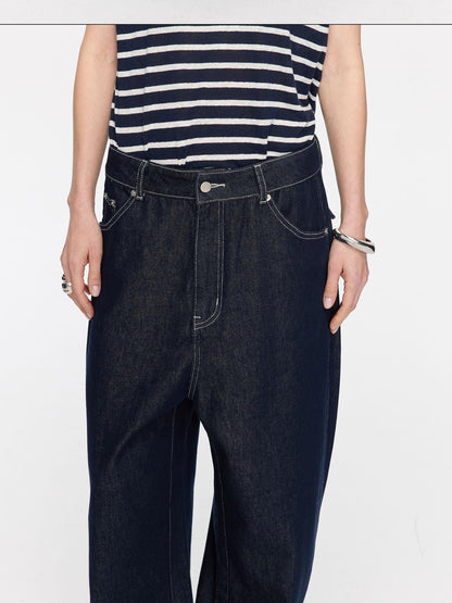LYUOCHENG Raw Denim Frayed Hem Low Waist Loose Women&