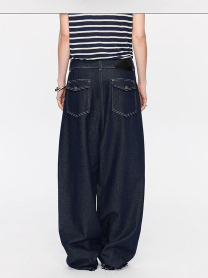 LYUOCHENG Raw Denim Frayed Hem Low Waist Loose Women&