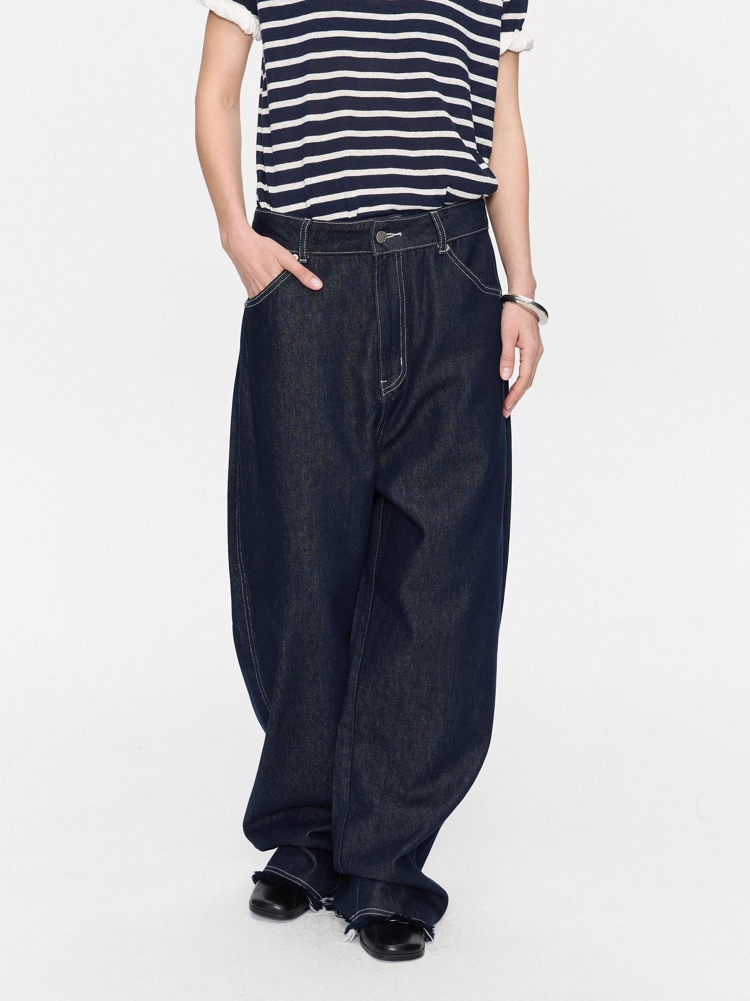 LYUOCHENG Raw Denim Frayed Hem Low Waist Loose Women&